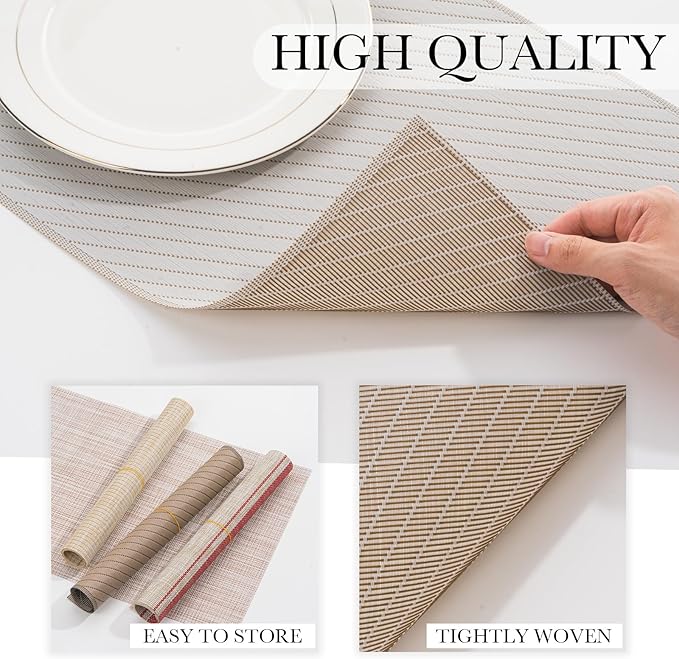 BACKTOEDEN Placemats Set of 8 Heat Resistant Washable Wipeable Placemat Woven Non-Slip Foldable Vinyl/Plastic Place Mats Indoor/Outdoor Mat Kitchen Dining Table Pad, Light Gray Twill