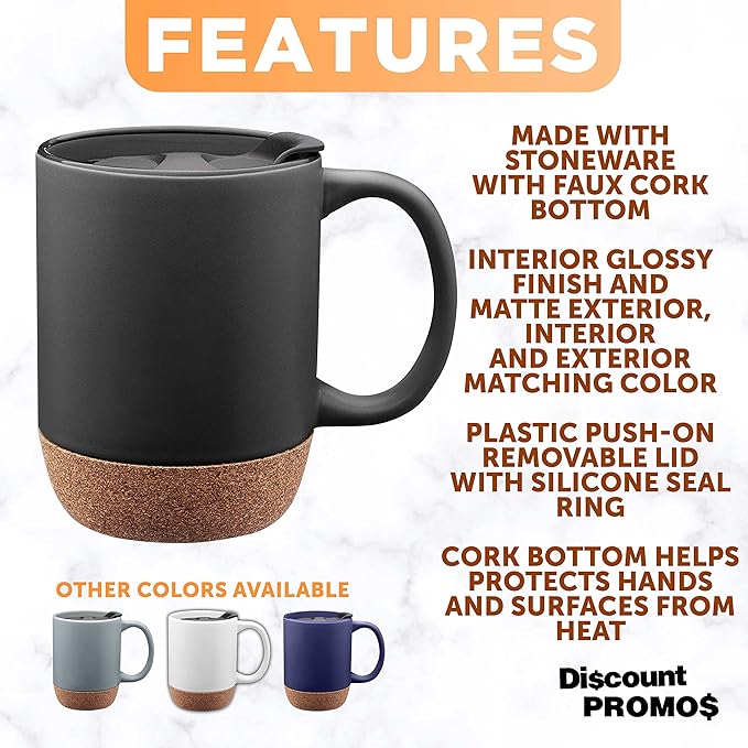 DISCOUNT PROMOS Barista Ceramic Mugs with Cork Bottom 13 oz. Set of 12, Bulk Pack - Perfect for Coffee, Tea, Espresso, Hot Cocoa, Other Beverages - Black