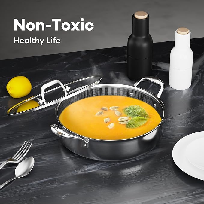 COOKER KING 5QT Stainless Steel Saute Pan with Lid, Hybrid Nonstick Deep Saute Pan, Chicken Fryer, Tri-Ply Clad Even Heat Distribution, Dishwasher-Friendly,Oven Safe to 500°F, Induction Compatible