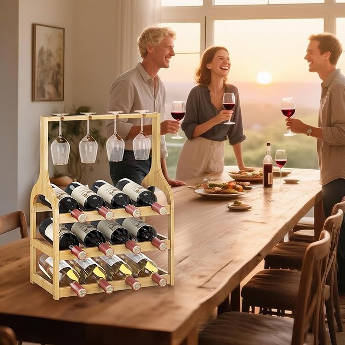 Wine Rack Countertop for 12 Wine Bottles and 4 Glass Holder, Small Bamboo Free Standing Racks Tabletop Display, Wooden Wine Storage Organizer for Cabinet Pantry Kitchen Bar Home Dining Room (Natural)