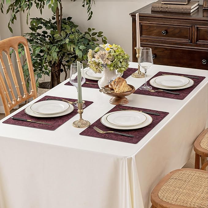 Romanstile Vinyl Placemats Set of 8-12 X 18 Inch - Heat Resistant Non-Slip Embossed Floral Place Mats 100% Waterproof Oilproof Wipeable Faux Leather Table Mats for Kitchen/Dining/Party, Burgundy