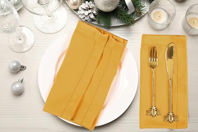 Ramanta Home Set of 12 Polyester Cloth Napkins 20x20 Inches - Hemstitched Washable Dinner Napkins for Weddings, Thanksgiving, Hotel - Soft Yellow Table Linen for Parties or Everyday Use - Mustard