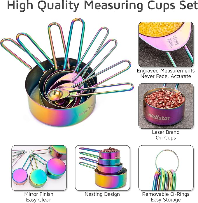 WELLSTAR Measuring Cups and Spoons Set of 8, Food Grade 18/8 Stainless Steel Measure set for Dry Liquid Measurement, Rainbow Titanium Coated Kitchen Gadgets for Cooking Baking, 4 Cup and 4 Spoon