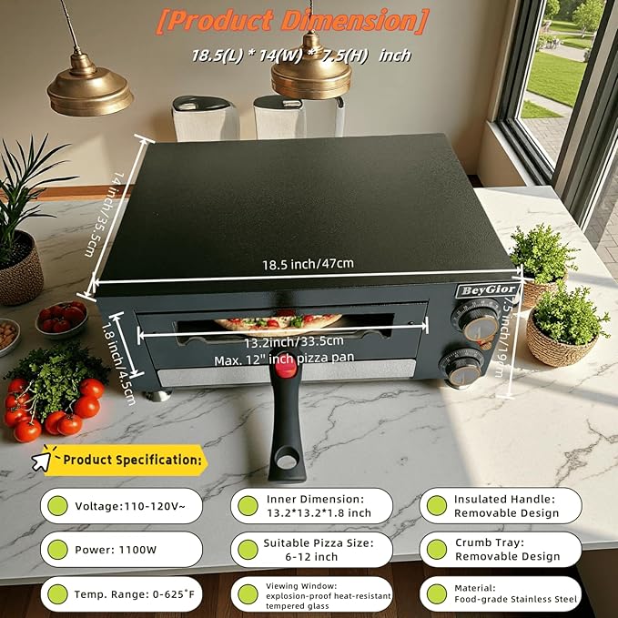 12 Inch Electric Pizza Oven Indoor, Countertop Pizza Oven with Visual Window, Commercial Pizza Maker with Removable Handle, Stainless Steel Pizza Cooker (Black)
