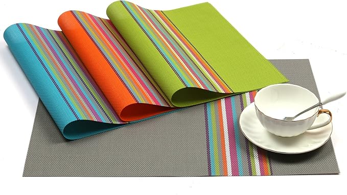 SHACOS Colorful Placemats Set of 8 Woven Vinyl Place Mats for Dining Table Coffee Table Heat Resistant Reversible Table Mat Wipe Clean (8, Multicolor)