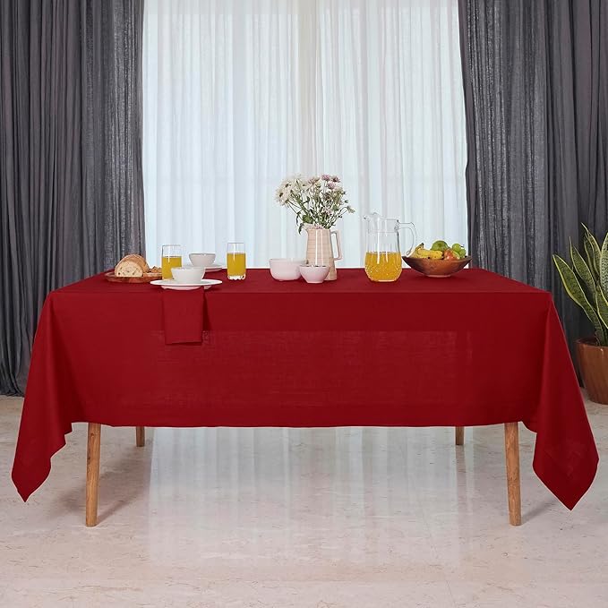 D'Moksha Homes Linen Red Tablecloth 60 x 132 Inch - 100% Pure Linen Rectangular Tablecloth - Machine Washable Table Cloth for Summer, Fall and Halloween