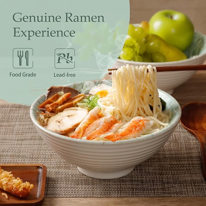NUTRIUPS 8 Inch Ceramic Ramen Bowl Set of 2 Pho Bowls 40oz Japanese Noodle Udon Soup Bowls with Spoons and Chopsticks (Forest)