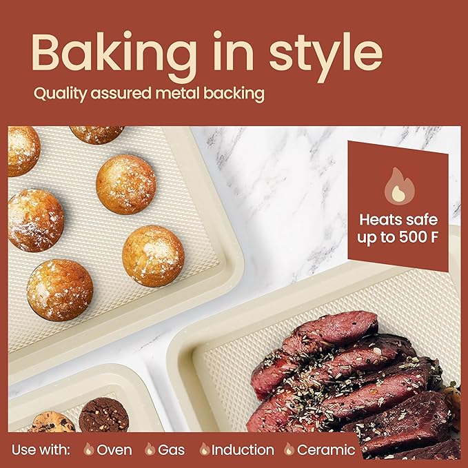 Diamond Bottom Cookie Sheet Set of 2, Nonstick White Marble Carbon Steel Baking Pans for Crisp Baking, Space-Saving Stackable Trays, PFOA, PFOS, PTFE Free, Oven Safe Up to 450°F, Small & Medium Pans