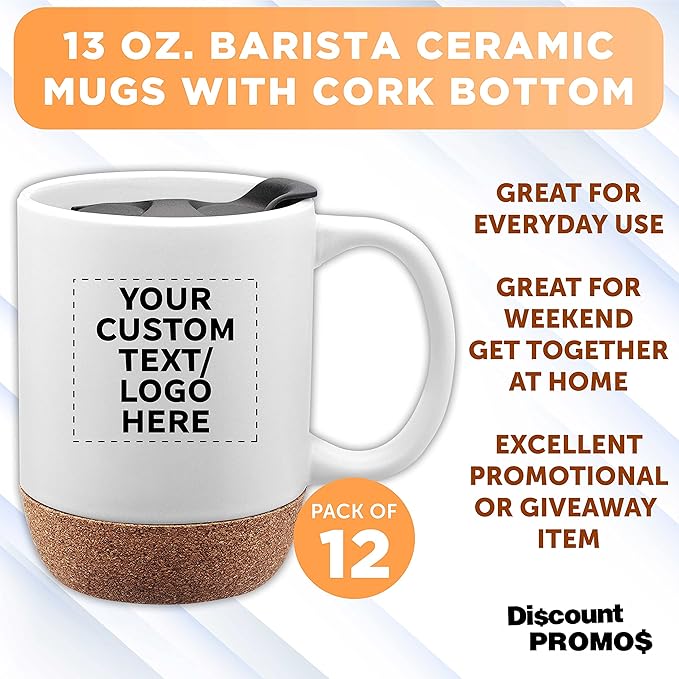 Custom Barista Ceramic Mugs with Cork Bottom 13 oz. Set of 12, Personalized Bulk Pack - Perfect for Coffee, Tea, Espresso, Hot Cocoa, Other Beverages - White