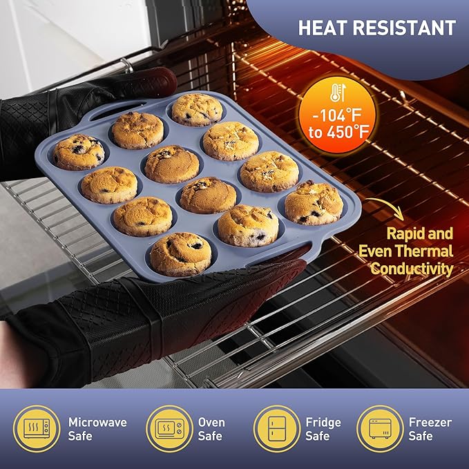2 Packs 12 Cups Silicone Muffin Pan with Metal Reinforced Frame Regular Size Cupcake Pan Tray Egg Bites Silicone Circle Cookie Molds Muffin Tin Tart Pans Baking Sheet Set for Breakfast Sandwiches