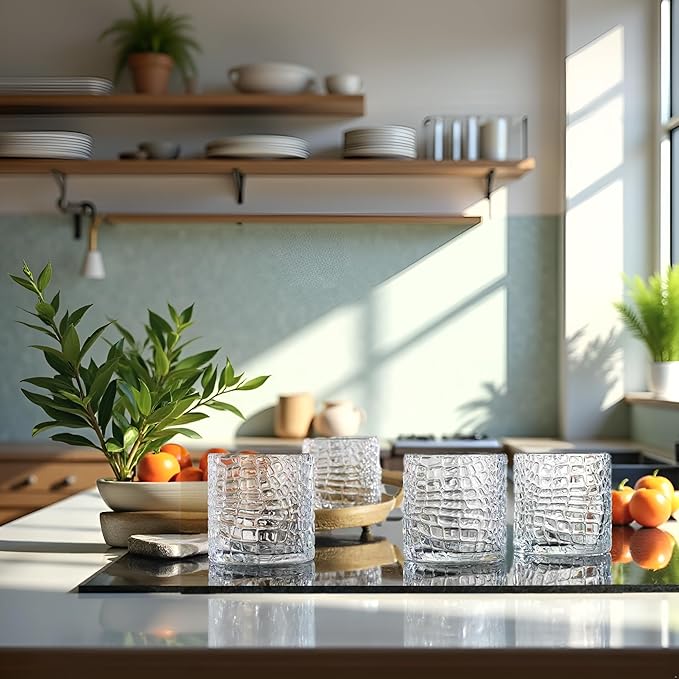 Glaver's DOF Set of 4 Clear 13oz Drinking Glasses Crackle Textured Design Double Old Fashioned Whiskey Glasses Home Everyday Bar Glassware