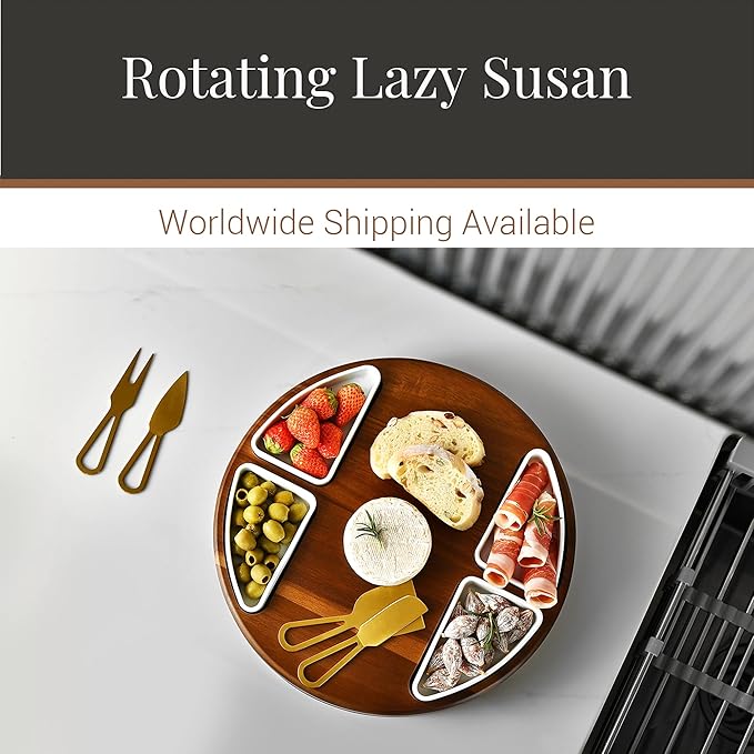 Shanik Upgraded Lazy Susan Cheese Cutting Board Set - Round Acacia Charcuterie Board With 4 Ceramic Bowls - Wedding Gifts - Cheese Serving Platter - Bridal Shower