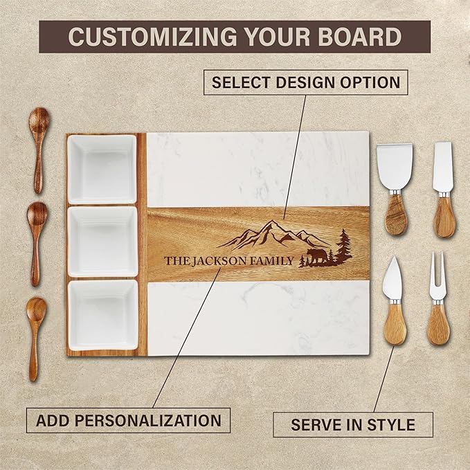 Personalized Housewarming Gift for New Home, Marble Wood Charcuterie Board, Custom Laser Engraved Cheese Serving Board, Realtor Closing Gift, New Apartment First Home Gift For Newlywed Couple, Friends