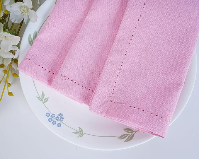 Blue Needles Set of 12 Hemstitch Linen Napkins 100% Cotton Blush Pink Cloth Dinner Napkins 18x18 inches, Soft, Reusable, Absorbent, Washable, Ideal for Fall Thanksgiving Events, Parties & Everyday Use