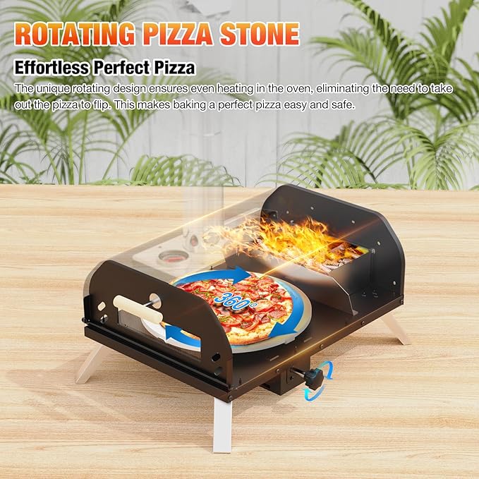 12 inch Outdoor Pizza Oven, Wood Pellet Pizza Ovens with 360° Rotating Pizza Stone, Outside Portable Pizza Stove, Tabletop Pizza Oven for Backyard, Camping, Patio, black