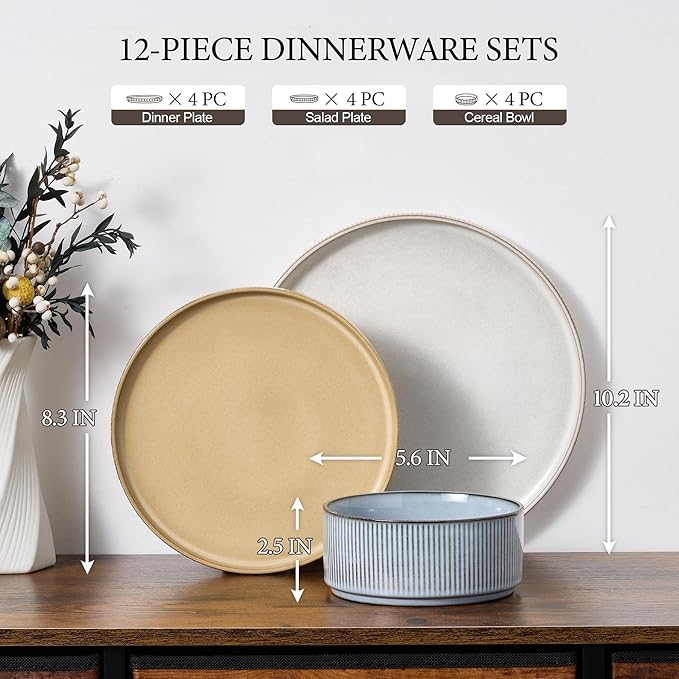 E-far 12-Piece Plates and Bowls Sets, Stoneware Dinnerware Dishes Sets for 4, Kitchen Modern Dining Dishware, Chip & Scratch Resistant, Microwave & Dishwasher Safe, Multicolor