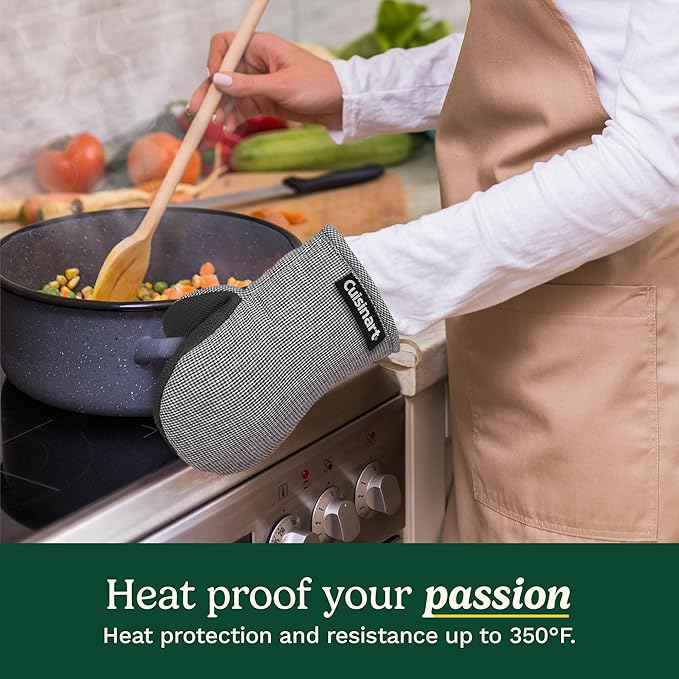 Cuisinart Heritage Mini Oven Mitts–5.5”x7” Heat-Resistant Kitchen Mitts for Oven with Non-Slip Neoprene Palm, Cotton Filling, and Faux Leather Loop–Durable Oven Mitt Set (Black/White Mini Houndstooth)