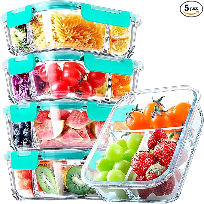 VERONES 5 Pack Glass Meal Prep Containers 3 Compartment Set, 36OZ Airtight Glass Lunch Containers, Glass Food Storage Containers with Lids, for Microwave, Oven, Freezer & Dishwasher Friendly,Green