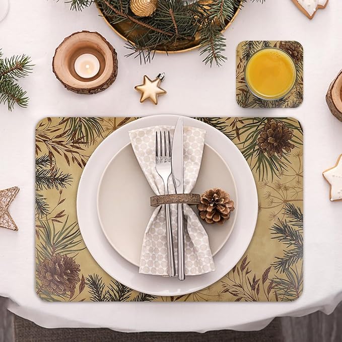 Le courant 16.9in 6PACK Christmas Pinecone Placemats with 6 Coasters, Reversible Faux Leather Easy Clean Waterproof Stain Resistant Place Mats, for Home Party Dining Holiday Table Decor