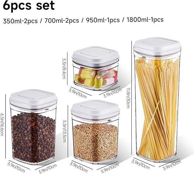 Pop Top Food Storage Container Set | 6Pcs Airtight Cereal Storage Organizer Canisters with Pop Lids, BPA-Free, Vacuum Seal & One-button Opening, Stackable Pantry Containers for Dry Food Storage
