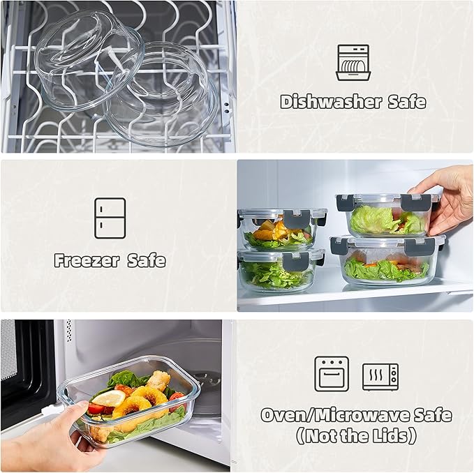 24 Pieces Glass Meal Prep Containers, Glass Food Storage Containers with Lids, Reusable Airtight Leakproof Lunch Bento Boxes Freezer, Microwave Oven and Dishwasher, Gray