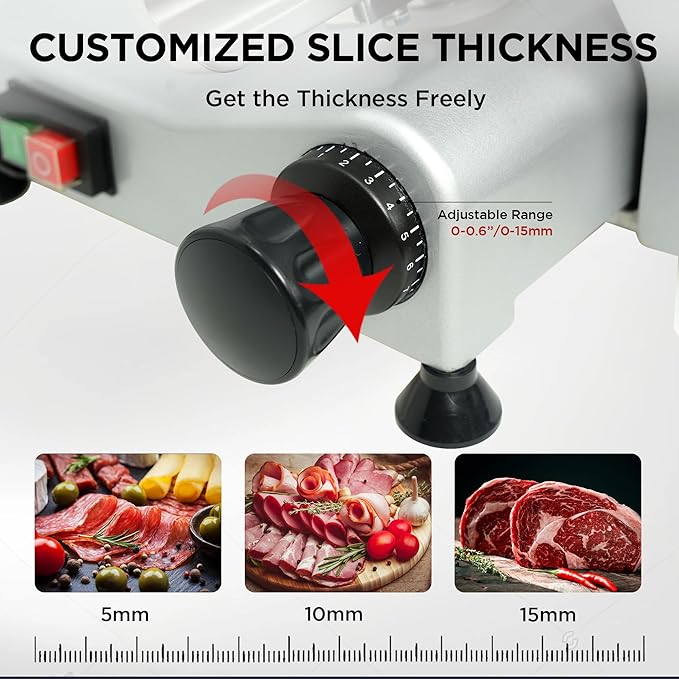 10" Commercial Meat Slicer, 340W, Electric Deli Slicer with Adjustable Thickness, Stainless Steel Blade, Built-in Sharpener, Removable Blade for Easy Cleaning