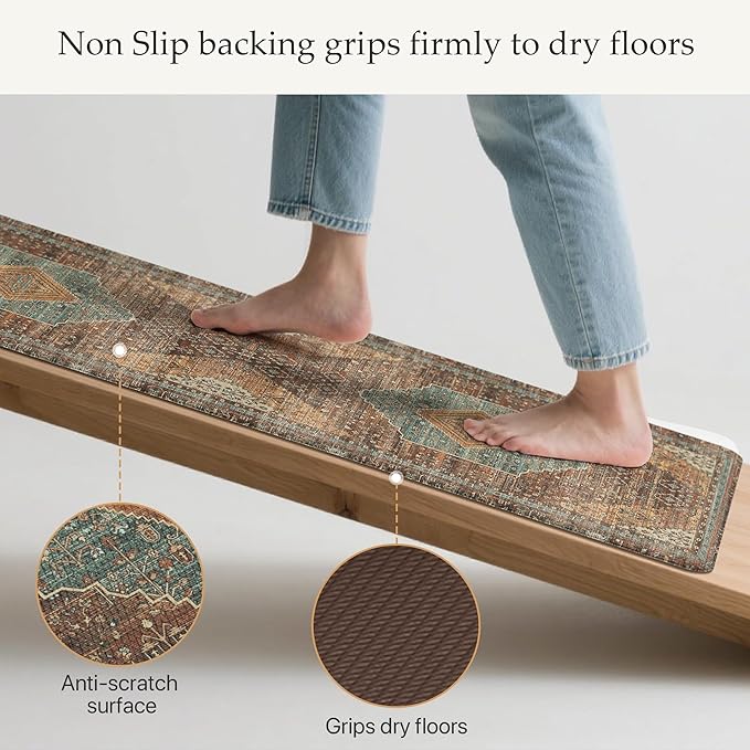 GENIMO Kitchen Mats for Floor 2PCs, Washable Anti Fatigue Mat for Cushioned, 17.3"x59"+17.3"x30", Waterproof Kitchen Rugs, Non Slip Comfort Standing Mat Rug for Home, Sink, Laundry, Brick