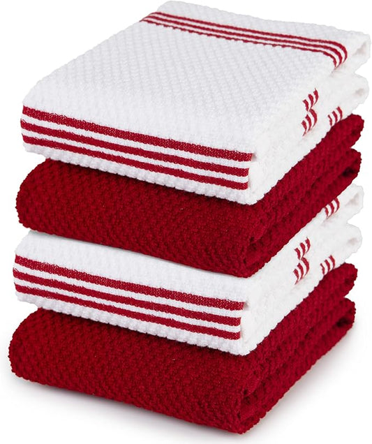 Sticky Toffee Cotton Kitchen Towels Set of 4 – Red and White Dish Towels 28x16 in, Reusable and Absorbent Tea Towels for Drying or Cleaning, Oeko-Tex Cotton