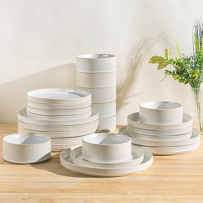 TheTerra Ceramic Dinnerware Sets for 8, 24 Pieces Porcelain Lightweight Plates and Bowls Sets, Scratch Resistant Dish Set, Oven & Microwave & Dishwasher Safe, Reactive White