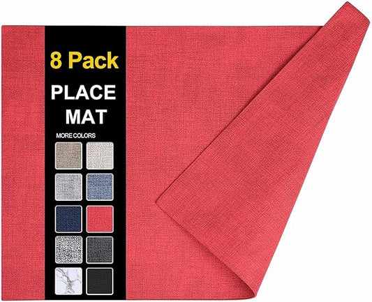 homing Faux Leather Heat Resistant Placemats 8 Packs, Waterproof Wipeable Dining PU Place Mats for Indoor & Outdoor, Easy to Clean, Red