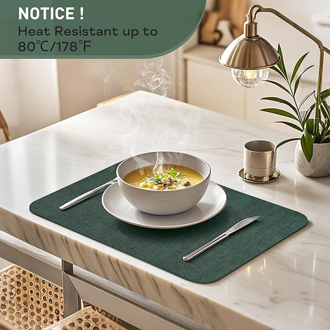 Vinly Placemats Set of 6 - Waterproof Wipeable Faux Leather Table Place Mats Heat Resistant Anti Slip Table Mats for Dining, Indoor, Outdoor, 15.8" x 11.8" (Dark Green)