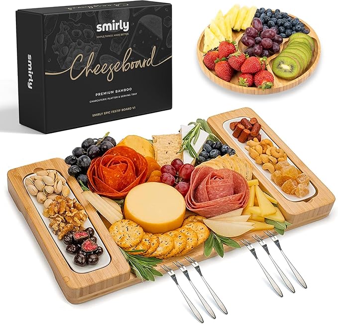 SMIRLY Charcuterie Boards Set - Large Bamboo Cheese Board Set - House Warming Gifts New Home, Wedding Gift for Couple, Bridal Shower Gift, Birthday Gifts for Women