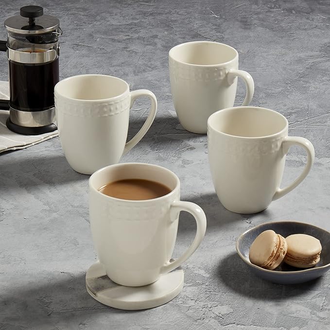 TTU Tabletops Gallery Embossed Bone White Porcelain Round Dinnerware Collection- Chip Resistant Scratch Resistant, Bloom 4 Piece Mug Set