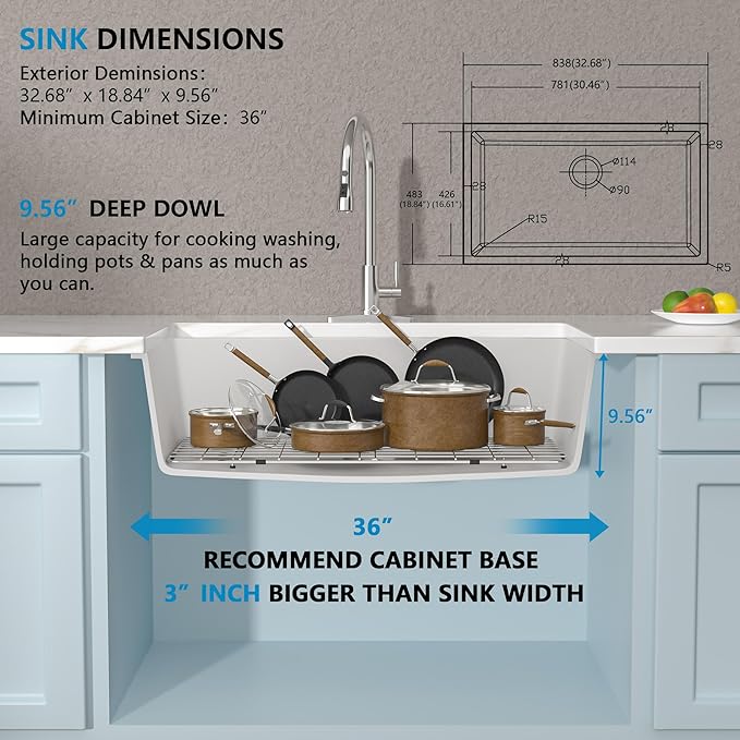 33 Granite Composite Kitchen Sink - Fulorni 33"×19" Granite Kitchen Sink Undermount White Quartz Classic Under Counter Single Bowl Sink Basin