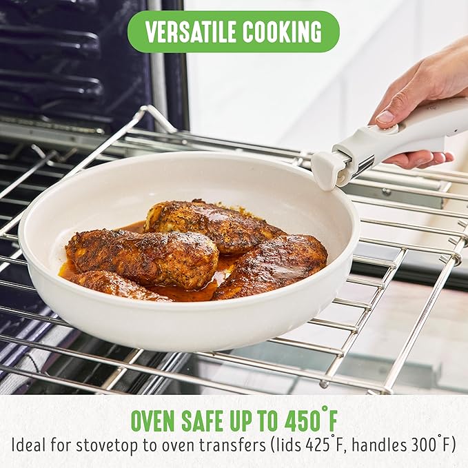 GreenLife 10 Piece Nonstick Pots & Pans Set, Detachable Handle & Stackable Cookware Set, Non Toxic PFAS-Free Skillets, Induction Kitchen Pans, Space Saving, Serving Bowls, Oven Safe, Speckled Cream