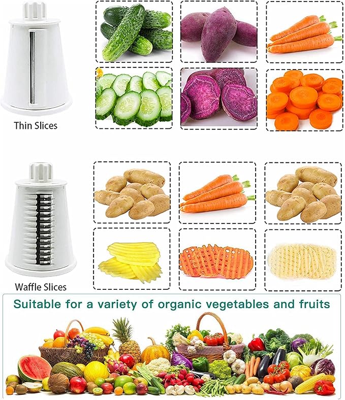 Rotary Cheese Grater Chopper Vegetable Cutter Slicer with Stainless Steel Drum Blades for kitchen, 5 in 1 Manual Round Mandoline Julienne Shredder Potato Grinder for Fruit, Nuts,Onion Green