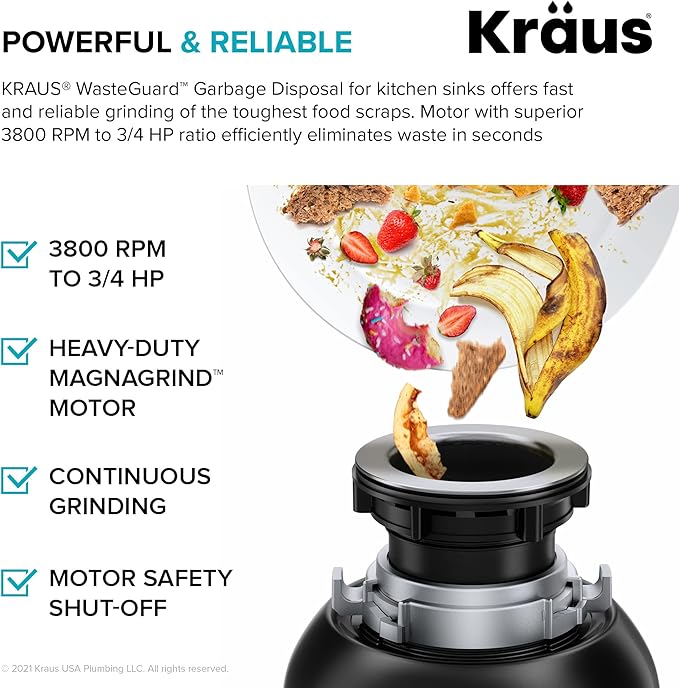 KRAUS WasteGuard 3/4 HP Ultra-Quiet Garbage Disposal with Quick Connect, Kitchen Sink Drain Cover, Power Cord and Flange Included, KWD100-75MBL