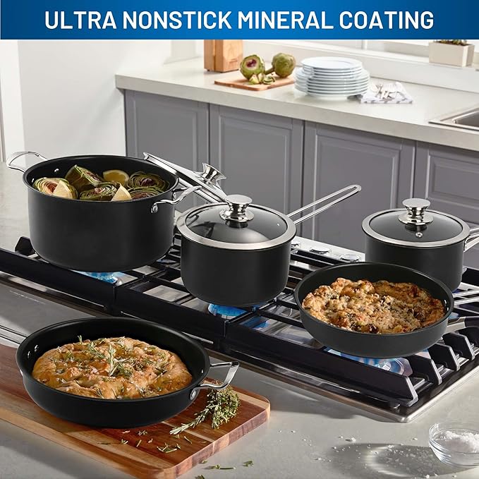 Stainless Steel pots and pans set, 10 Piece Nonstick Kitchen Induction Cookware Set,Works with Induction/Electric and Gas Cooktops, Nonstick, Dishwasher, Black