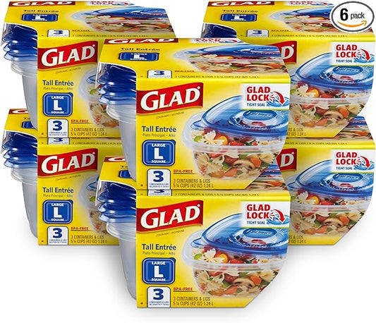Glad GladWare Tall Entree Food Storage Containers - Large Square - Meal Container Holds up to 42 Ounces of Food - Lock Tight Seal, 3 Count - 6 Pack