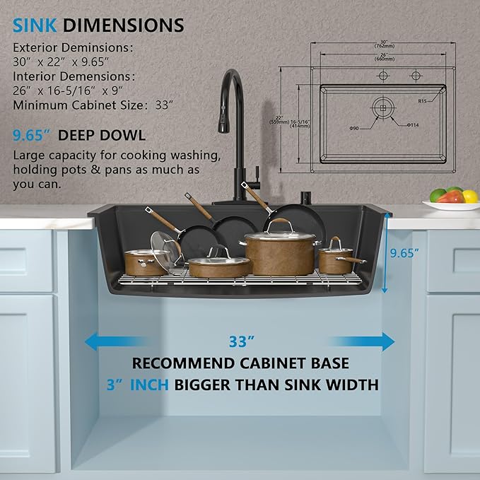 30"x22" Granite Composite Kitchen Sink – Matte Black Ledge Workstation Drop-In Topmount Granite Quartz Classic Single Bowl Sink Basin