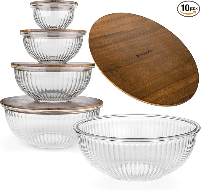 Stackable Space-Saving Set of 5 Nesting Glass Bowls with Acacia Lids for Foodprep, Storage, Mixing & Cooking - Microwave & Oven-ready BPA Free Durable Heat Resistant Inert Borosilicate Glass