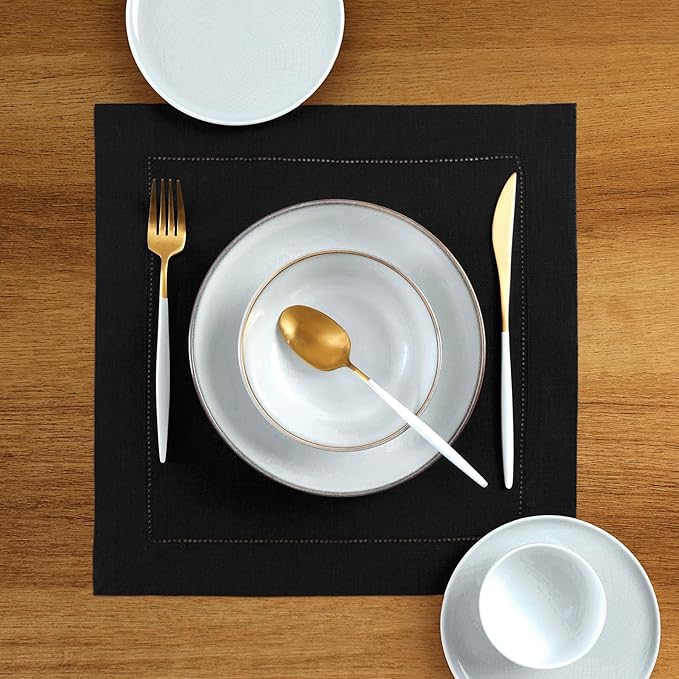 Solino Home Linen Square Placemats Set of 4-100% Pure Linen Black Cloth Placemats 14 x 14 Inch - Classic Hemstitch, Machine Washable Place Mats for Fall, Autumn, Winter, Thanksgiving, Christmas