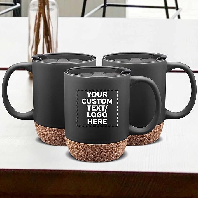 Custom Barista Ceramic Mugs with Cork Bottom 13 oz. Set of 72, Personalized Bulk Pack - Perfect for Coffee, Tea, Espresso, Hot Cocoa, Other Beverages - Black