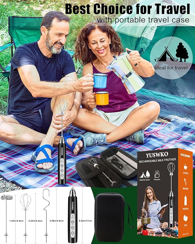 YUSWKO Rechargeable Milk Frother Handheld Frother Wand Drink Mixer for Coffee, Electric Whisk 3 Speed Adjustable, Coffee Foamer Maker with 3 Stainless Whisks Ideal Stirrers for Travel - Black