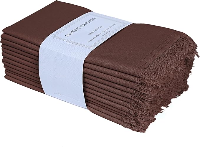 Bedding Craft Cotton Cloth Dinner Napkins Set of 12 – 18x18 Hot Chocolate with Frayed Selvedge Edges – Machine Washable Fabric Napkins for Weddings, Baby Showers, Parties & Everyday Use