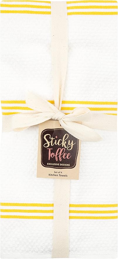 Sticky Toffee Cotton Kitchen Towels Set of 4 – Yellow and White Dish Towels 28x16 in, Reusable and Absorbent Tea Towels for Cleaning or Drying, Oeko-Tex Cotton