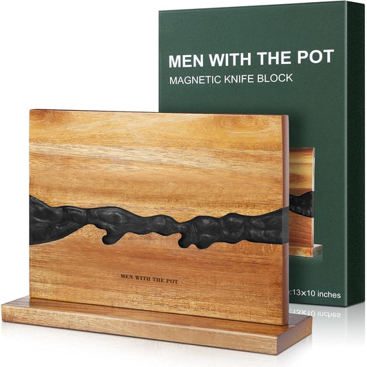 MEN WITH THE POT 13 x 10 Inches Magnetic Knife Block, Double Sided Powerful Wood & Black Flow Pattern Magnetic Kitchen Knives Holder Stand, Knife Storage Organizer for Kitchen Counter (Without Knives)
