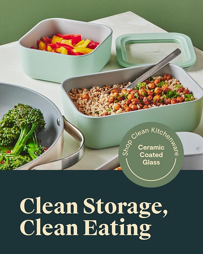 Caraway 6pc Glass Food Storage Set – 6.6 Cup Food Containers (6) - Ceramic Coated - Non Toxic, Non Stick with Lids - Microwave Safe - Cream