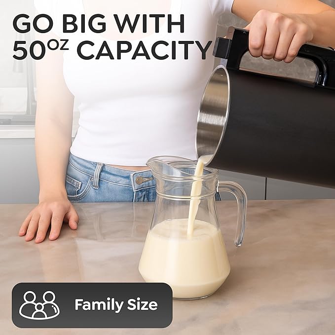 Poshy Nut Milk Maker 50 oz (1.5 L) – Ultra Filtration (No Mesh Bags), Self-Clean, Quiet Motor, Texture Control – Almond/Oat/Soy – Stainless Steel, 120V