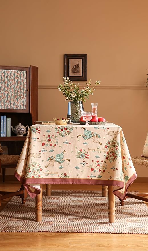 patdrea Designer Beige Tablecloth for Rectangle Tables,Vintage Elegant French Linen with Trees and Kids Pattern Table Cloth,Farmhouse Table Cover Cloth Decor for Kitchen Dining Christmas,55"*79"
